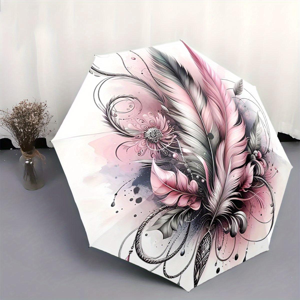 

Automatic Folding Umbrella The umbrella features an artistic design of large and gray feathers. Portable collapsible design,
