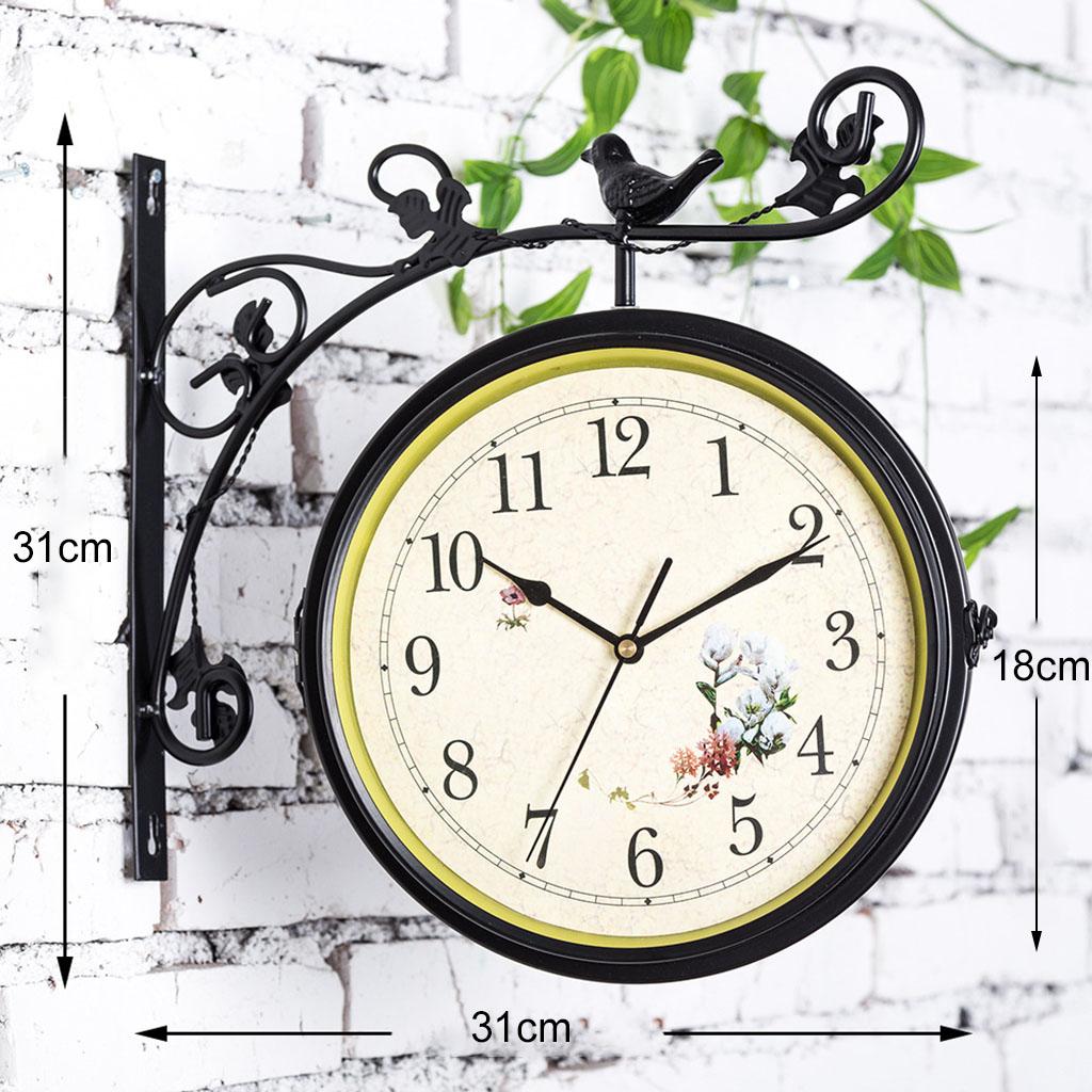 Iron Double Faced Retro Wall Hanging Clock Garden Decor, Pointer and Roman Number Dial