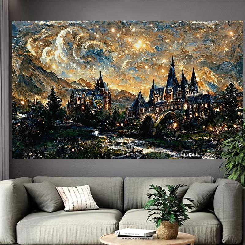 VIKAMA Fantasy Castle Tapestry Starry Night Watercolor Art Modern Bohemian Style Living Room Bedroom Background Wall Decoration