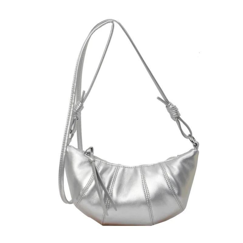 

Сумки через плечо из искусственной кожи в форме рога, простые, универсальные, на молнии, супер крутые, изысканные, полумесяц, женские сумки через плечо, модный новый стиль серебряный
