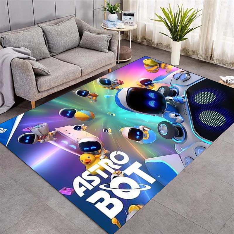 Astro Bot Game Area Rug, Desert Scene Robot Characters Print Floor Carpet for Gaming Room Living Room Bedroom Decor