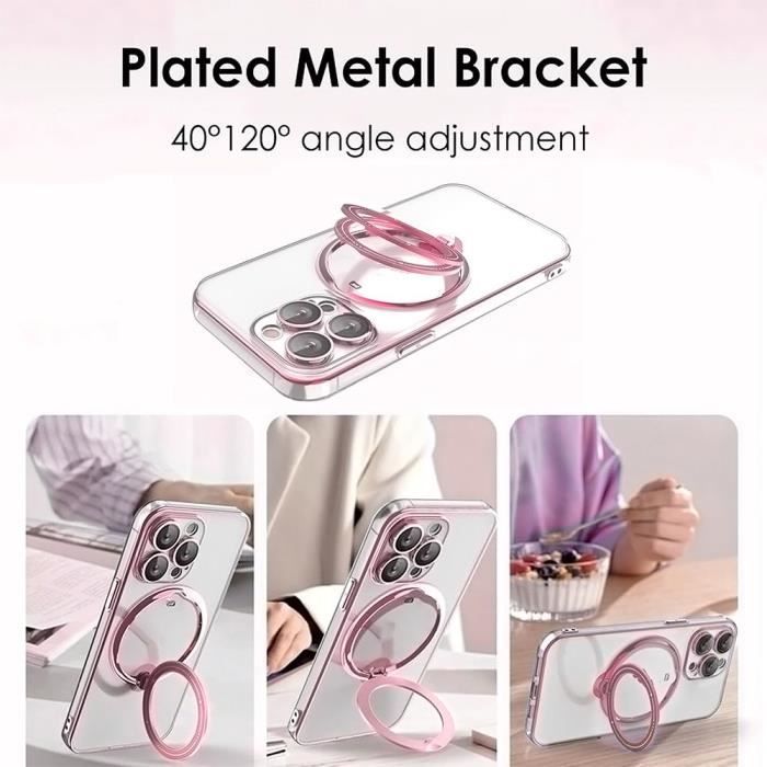 Coque Silicone Transparent pour iPhone 16 Pro Max avec Support Magnétique - Protection Antichoc Rose