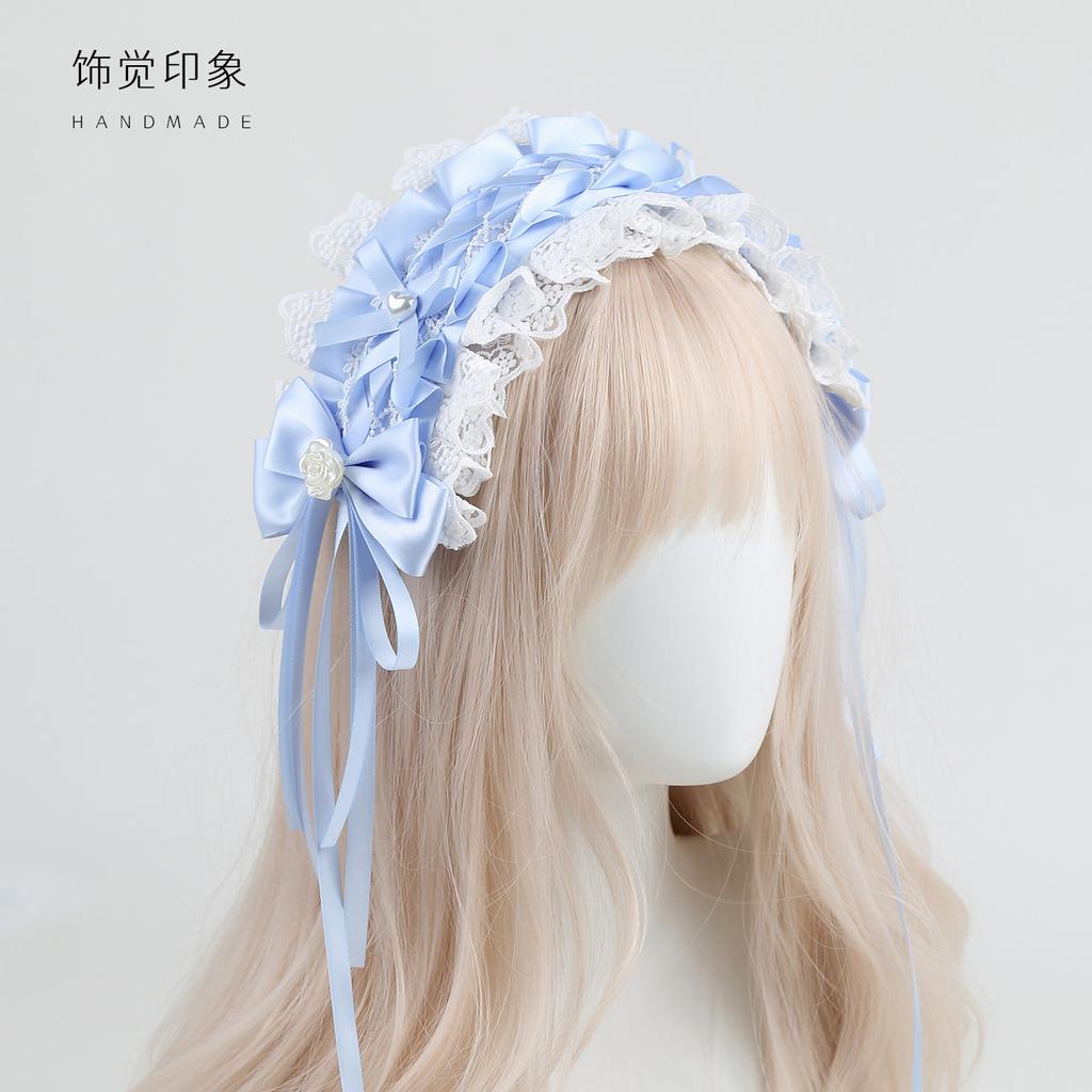 Hand Embroidered Flower Ball Lolita Headdress Original Handmade Lolita Blue White Lace Bow Hair Accessories Headband Top Hat