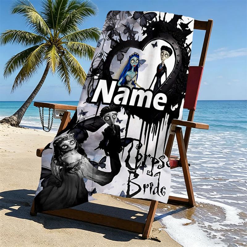 Custom Name Personalized Corpse Bride Print Beach Towel, for Trip Camping Beach Party Home Decor, Birthday Gift for Family & Friends