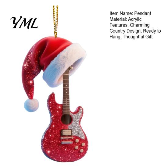 Unique Christmas Gift Red Guitar Ornament, 2D Flat Acrylic Hanging Pendant with Durable Holiday Decoration Santa Hat, Country Music Tree Decoration,
