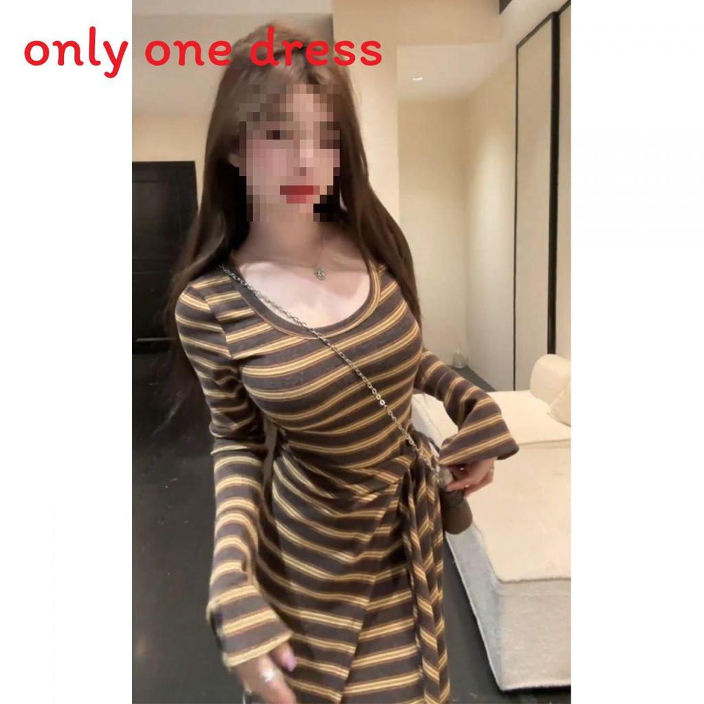 Vintage Striped Knit Dress With Long Sleeves For Spring Retro Style Women