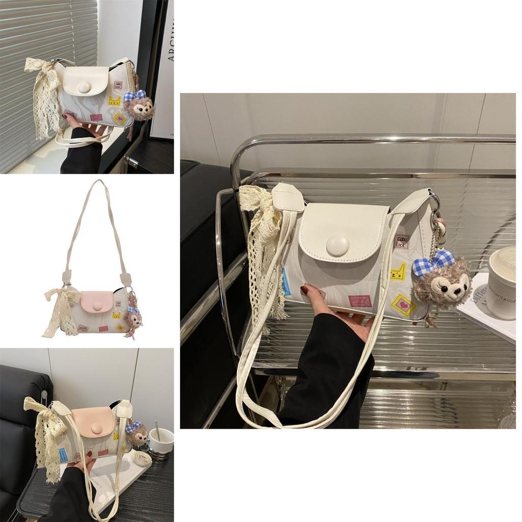 Ladies Pu Compact Handbag With Lace Bow And Doll Pendantfor Casual Outings