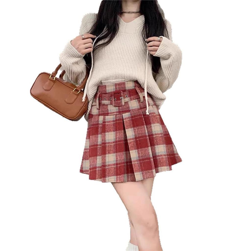 Women's Retro Plaid Wool Half Skirt: High-Waisted, Thickened A-Line Pleated Skirt for Autumn/Winter, Petite Short Style.