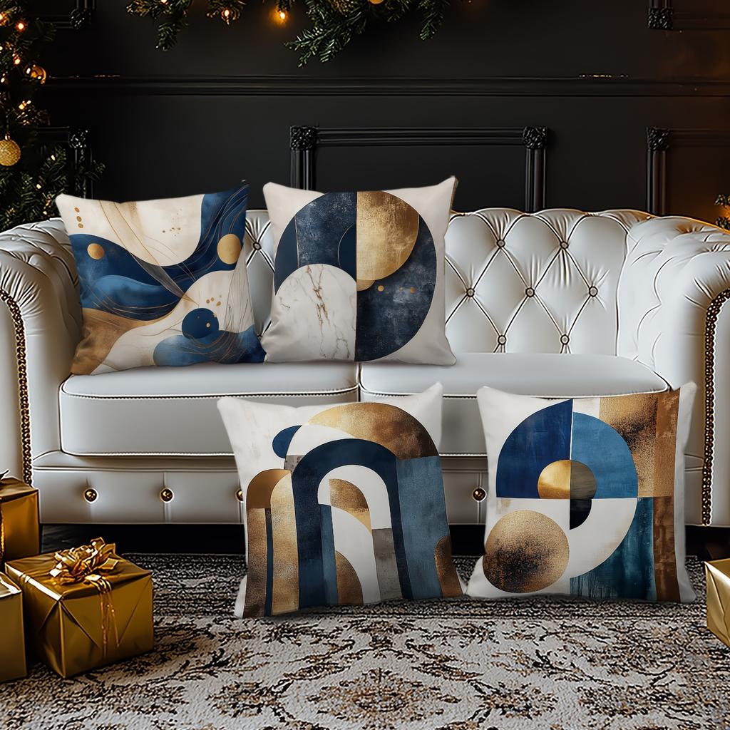 4pcs Linen Pillow Covers 45x45cm Abstract Art Cushion Cases Blue Gold Marble Geometric for Sofa Bed Decor Zipper Closure