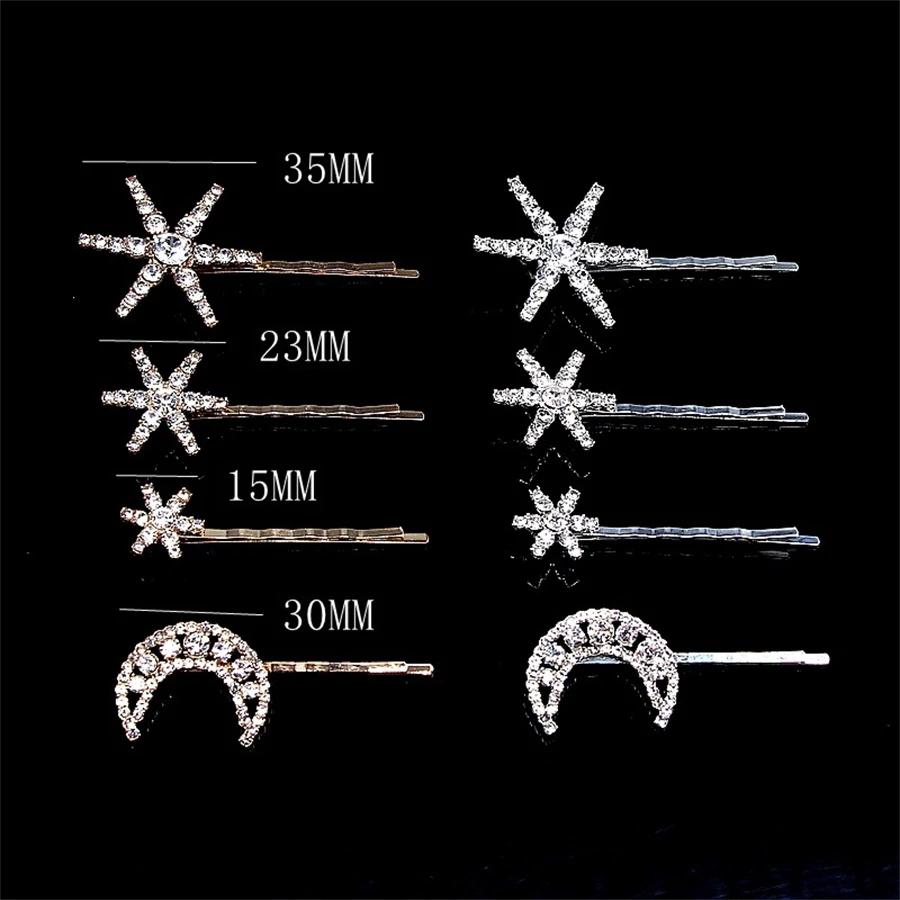 New Geometric Stars Moon Rhinestone Hair Clip Set Snowflake Star Bride Hairpins Women Side Clip Hair Barrettes Hair Accessories