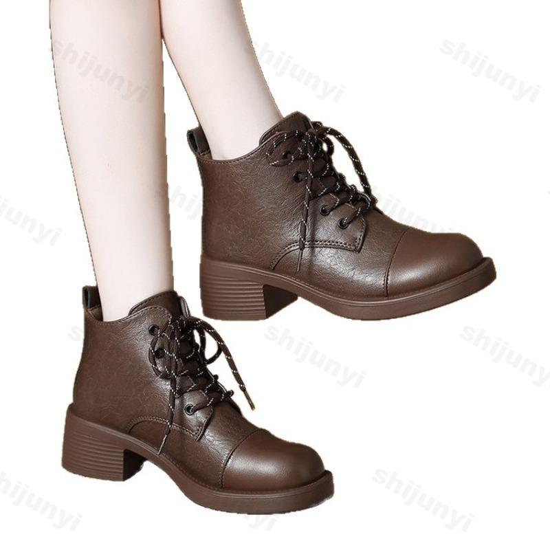 Fashion Women Short Boots 2025 Autumn Winter New Fashion Lace Up Vintage Middle Heel Shoes Outdoor Non Slip Height Increase Ankle Boots