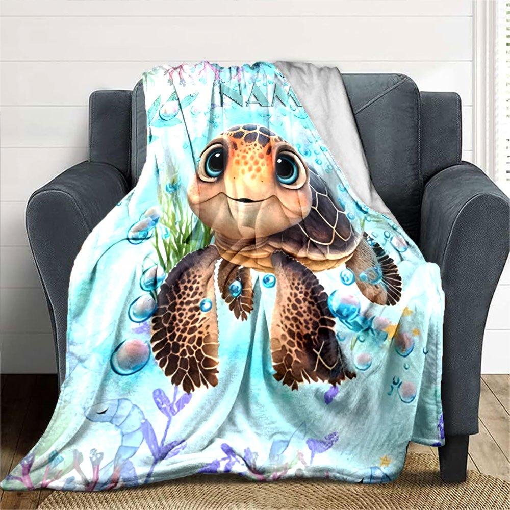 Underwater Turtle With Bubbles And Coral Theme Gift Customizable Blanket Personalized Text Soft Warm Cozy For Sofa Couch Office Bed Picnics For All