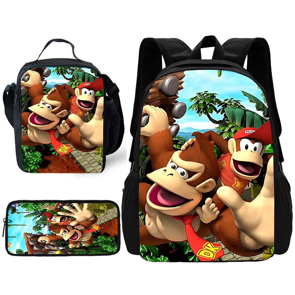 Child School Cartoon Donkeyeds Kongs Bananzaeds Backpack with Lunch Bags ,Pencil Bags ,School Bags for Boys Girls Best Gift
