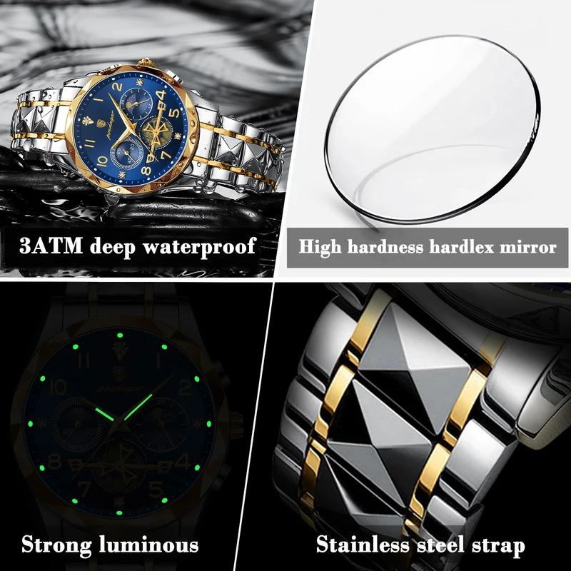 POEDAGAR Luxusuhr für Mann Sport Edelstahl Herren Quarzuhr Wasserdicht Leuchtend Chronograph Herrenuhren