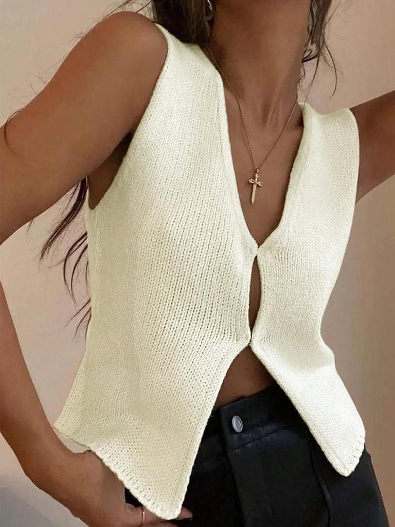 Rose Beauty A  Solid Casual V-Neck Grommet Front Split Hem Sleeveless Sweater Vest Top Knitted Waistcoat