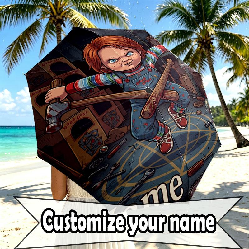 Custom Name Personalized Horror Theme Chucky Print Umbrella, Auto Open Close, 8‑Rib Sturdy Frame, Commute Camping Hiking Use, Birthday Gift