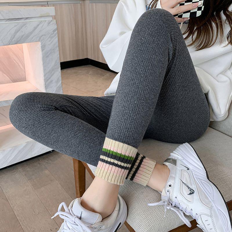 Women's Fleece-Lined High-Waist Leggings: New Autumn/Winter Style with Ribbed Ankle Cuffs, Slim Leg, and Warm Thread for Outdoor Wear.