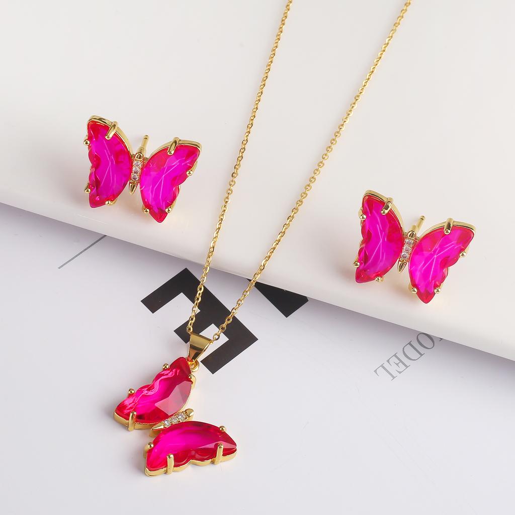 2PC Crystal Transparent Butterfly Pendant Necklace Earrings Jewelry Set Women's Luxury Gold Plated High Quality Gift
