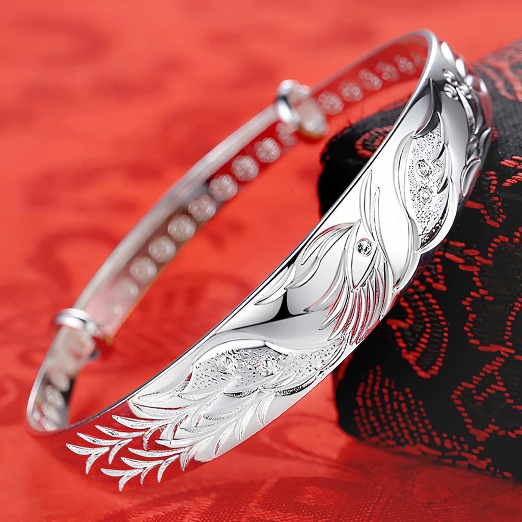Silberschmuck Phönix fliegendes Armband Schmuck Handgeschnitztes und graviertes einzelnes Phönix-Schiebearmband