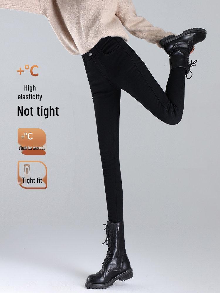 Women's High-Waisted Black Elastic Leggings - Warm, Slimming, Plus Velvet, Thickened, Single Button, Suitable for Outdoor Wear, Autumn/Winter.
