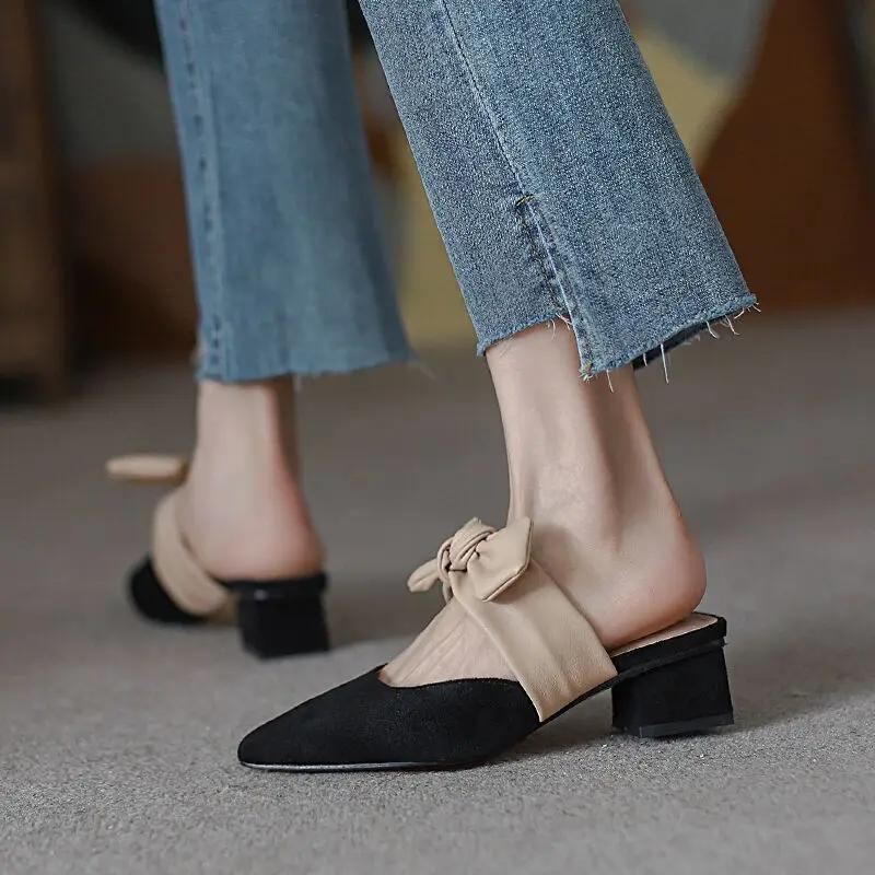 New Pointed Female Butterfly-Knot Women 2024 Slippers Casual Square Heel Loafers