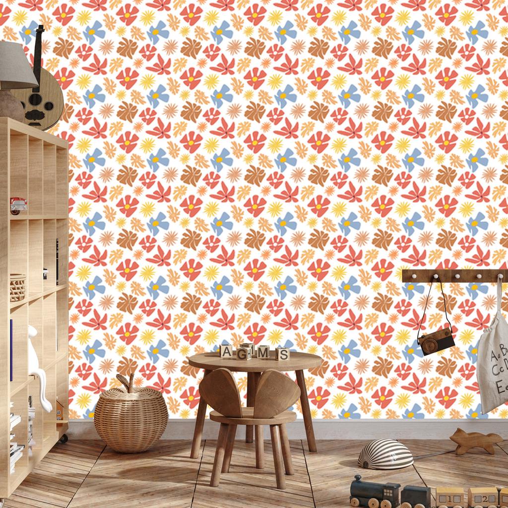 Wallpaper Flowers White, Cream and Coral for Living Room and Bedroom 50x1000