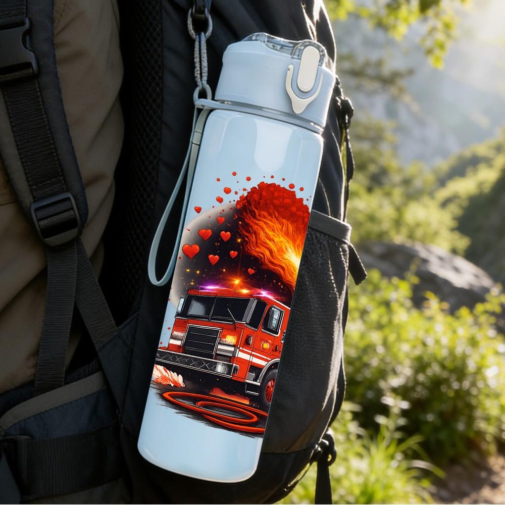1PC Burning Fire Truck Art 750ml Color Plastic Sports Water Bottle Leakproof Flip Straw Lid Suitable for Sports Office Home Use