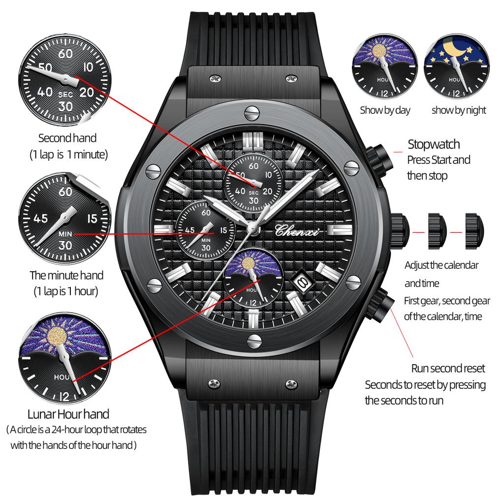 CHENXI Original Watch Quartz Waterproof Sports Watches Men Silicone Strap Chronograph Calendar Multi Functional Wristwatches