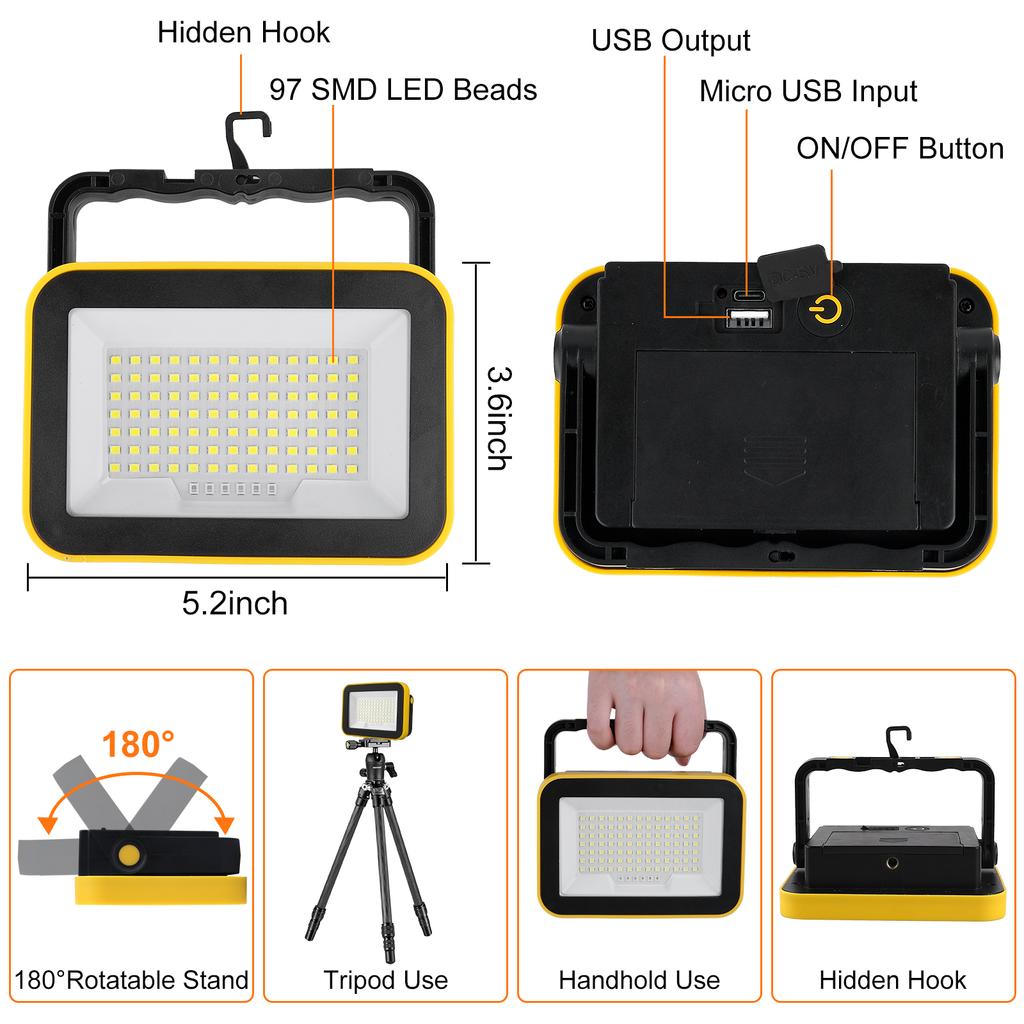 97 SMD Super Bright Portable Work Light USB Rechargeable for Outdoor Camping Lamp Led Flashlight Emergency Light Outdoor 5 Modes