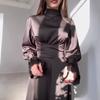Women's Solid Color Long Sleeves Tied Lantern Sleeves Long Dress