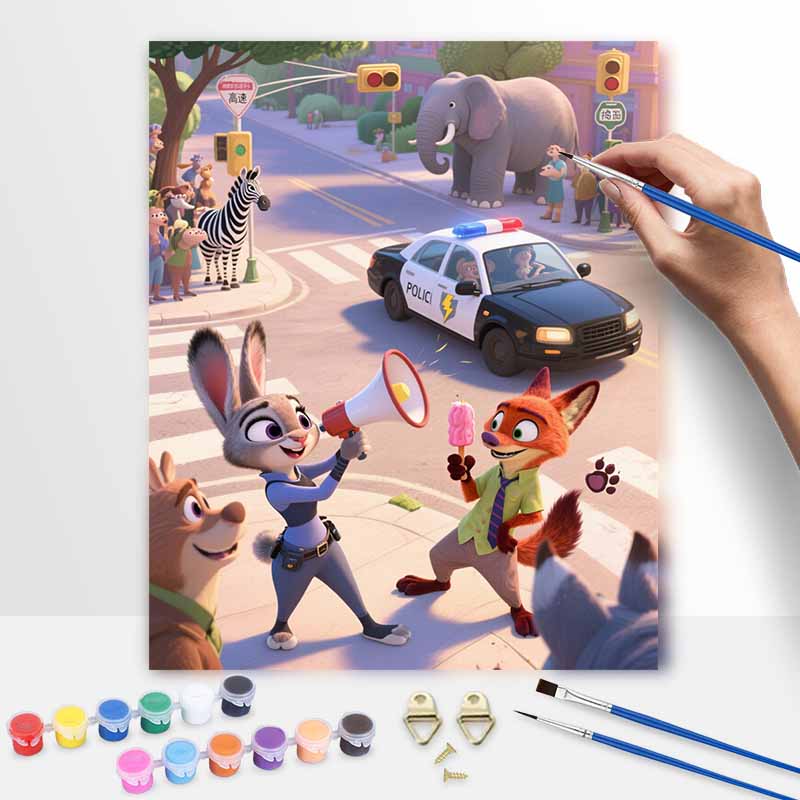 Disney Digital Oil Painting Art Kit Zootopia Police Fox Bunny Street Scene Handmade Coloring Painting Home Decor