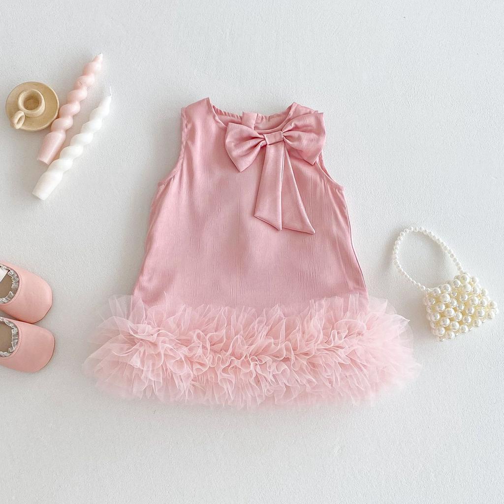 Girls Bowknot Princess Dress Summer Solid Color Tulle Dress Toddler Fashion Outfit for Kids
