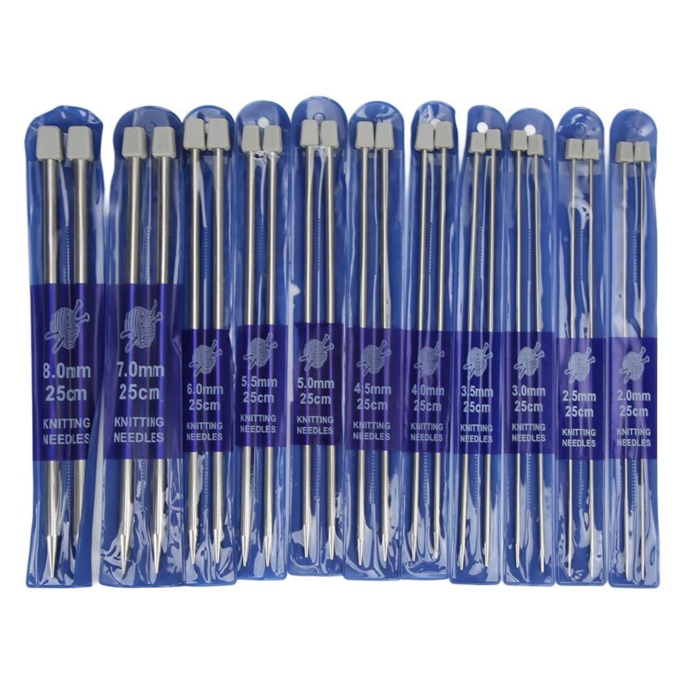 22 Pcs 25cm Length Straight Single Pointed Needles Metal Knitting Needles For Socks Knitting