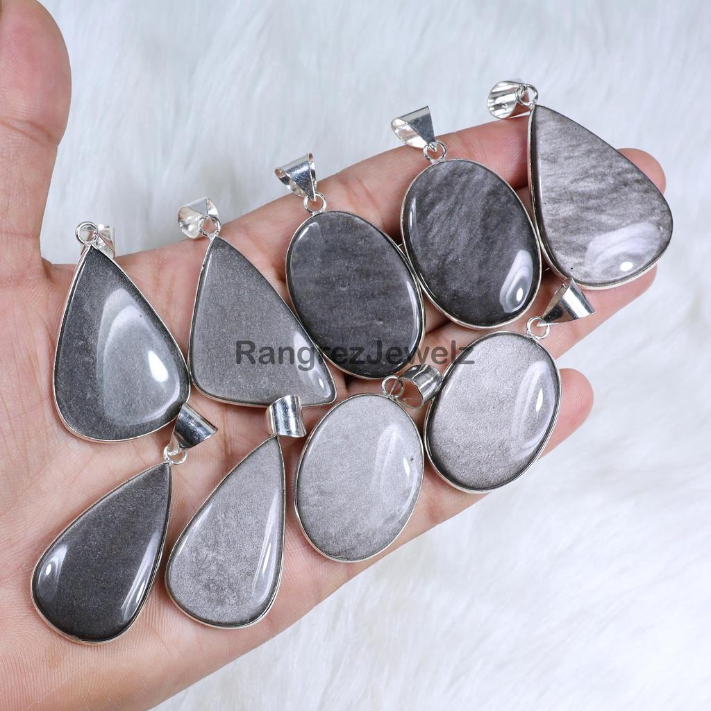Natural Silver Sheen Obsidian Pendant Bulk Wholesale Bezel Pendant Necklace Making For Silver Jewelry Supply 925 Sterling Silver Pendant