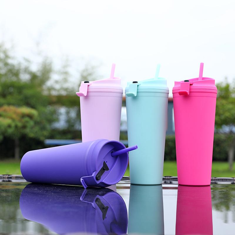 24oz Colorful Double Layer Plastic Fitness Mug Large Capacity Straw Outdoor Mug Gift Cup with Lid ,wholesale Custom