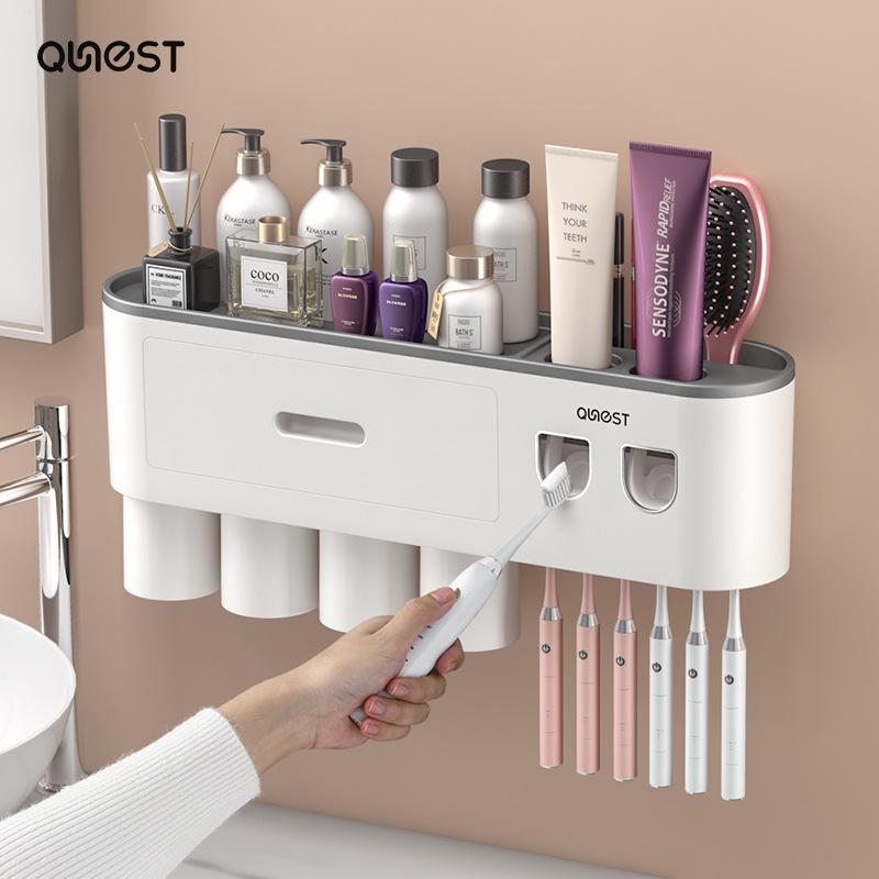 Punch-Free Wall-Mounted Toothbrush & Mouthwash Cup Set with Electric Toothpaste Dispenser