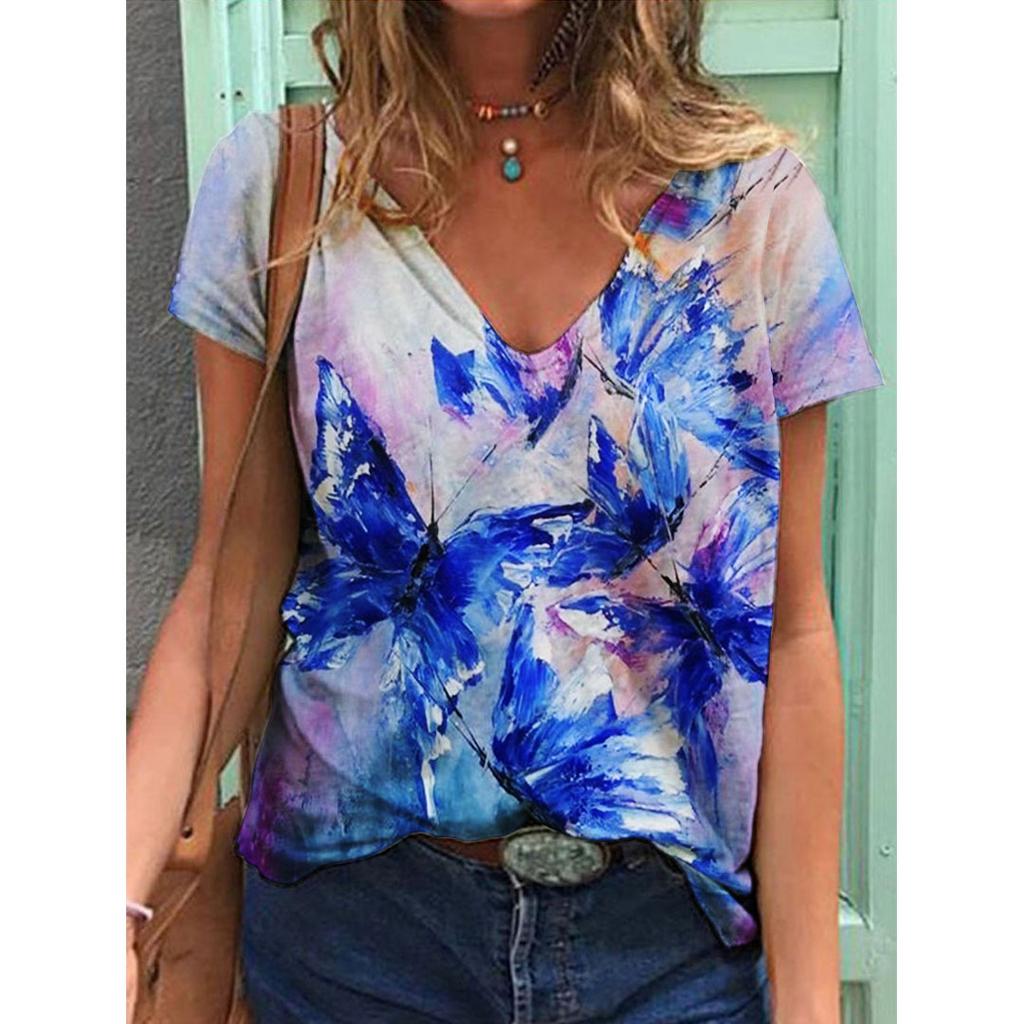 New 3D Printed Short Sleeved Women's Summer Casual Flower and Bird Print V-neck T-shirt