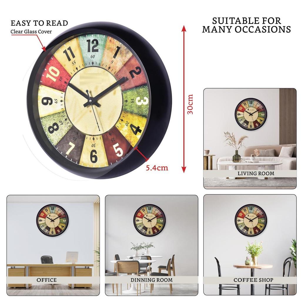 12-inch Plastic & Glass Analog Wall Clock - Classic Roulette (Silent Movement, Black Frame)