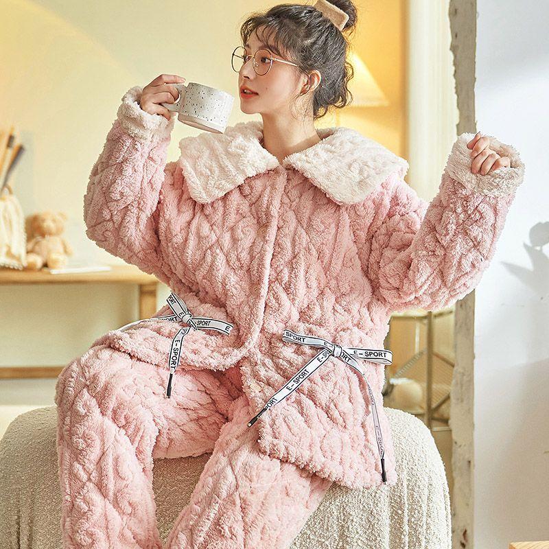 Nové Coral Fleece Pyžamo Dámské Podzimní a Zimní Pyžamo Třívrstvé Zahuštěné Plyšové Domácí Oblečení Teplá Bavlna Domácí Oblečení