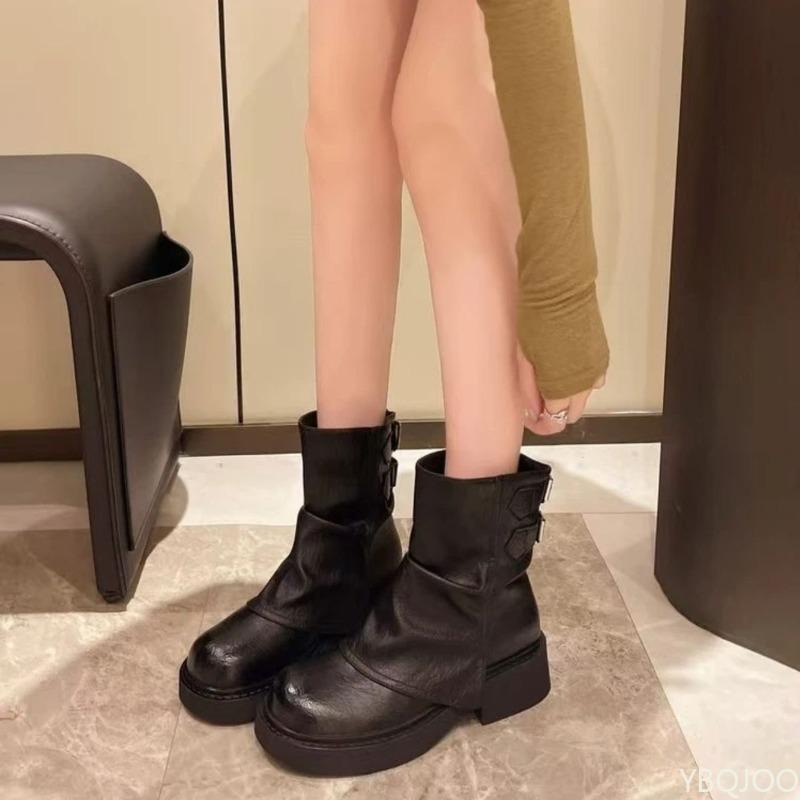 Retro Women's Pleated Thick Soled Short Boots Simple Comfortable Versatile for Daily Casual Wear Women's Single Boots