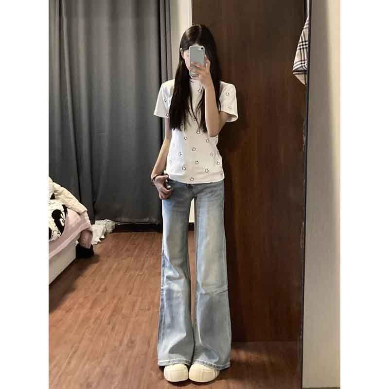 Light Blue Plush High-Waisted Micro-Flare Jeans for Women - 2025 Spring/Autumn Loose Fit Floor-Length Bell Bottoms