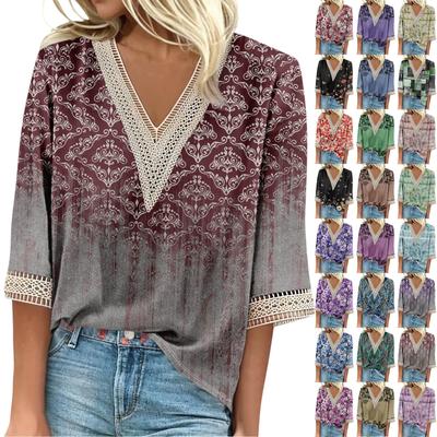 Women's Shirt Blouse Casual Loose Shirts  3/4 Sleeve Lace Print  V Neck Tops Print  Tops T-shirts Tee