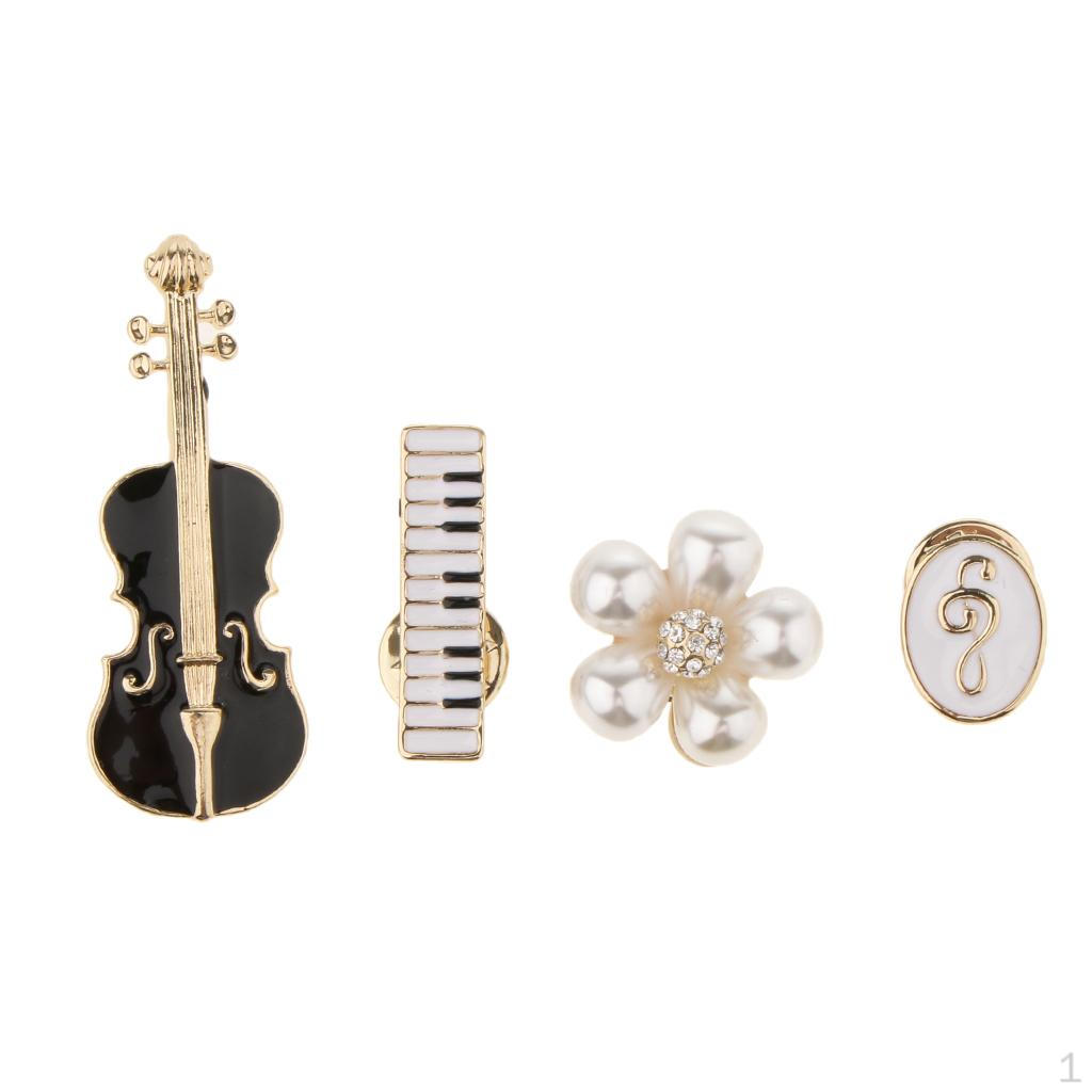 

4 Pcs Bowknot Crystal Violin Piano Flower Brooch Pins Sets Type3