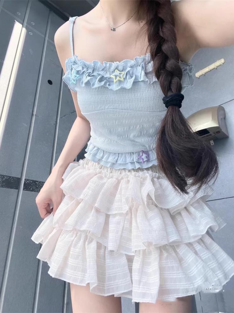 Kawaii Lolita Skjørt Shorts Kvinner Ruffle Patchwork Lagdelt Høy Midje Y2k Balletcore Miniskjørt Sommerfest Klubb