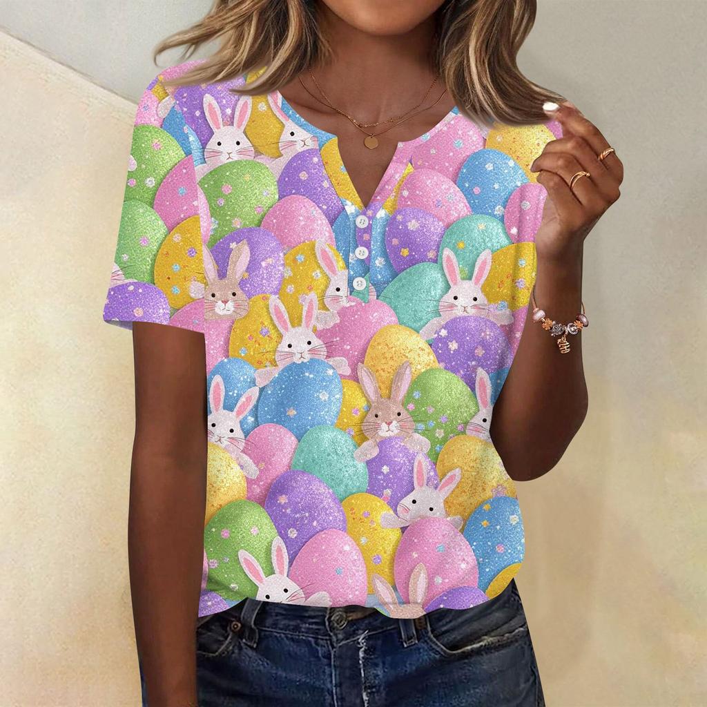 Damen T-Shirt mit Aufdruck und Knopfleiste, kurzärmelig, für den Alltag, Wochenendmode, Basic, V-Ausschnitt, normales Oberteil