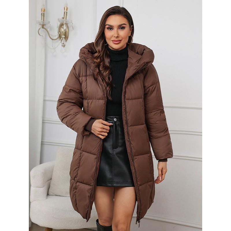 Womens Thick Warm Long Cotton Puffer Coat With Hood Slim Fit Mid-Length Winter Jacket In Solid Colors