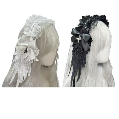 Punk Lace Trim Headband With Angelic Wing Anime Hairhoop Hair Decoration For Special Occasion Masquerades Headpiece