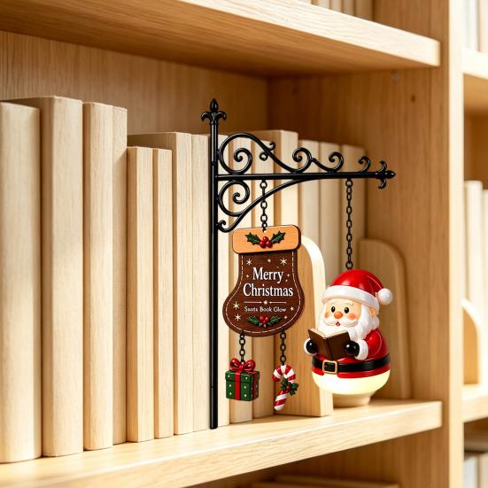 Floating Shelf Light Ornaments Christmas Bookshelf Hanging Light, Snowman Book Nook Lamp, Metal Slim Organizers Library Lantern Decor, Holiday