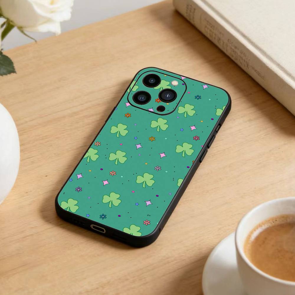 Four-leaf Clover Phone Case For iPhone 16,15,14,13,12,17,Pro Max,Plus Silicone Black Case