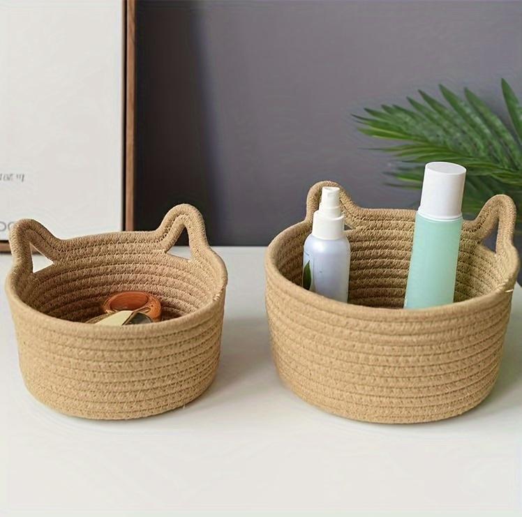 1Pc Adorable Cat Ear Decorative Storage Basket - Durable Cotton Woven Desk Organizer For Stationery, Sundries
